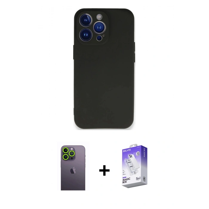 MARSİLYAN™- iPhone 13 Pro Max Kılıf Kozmos Yansıma Özel Seri - Siyah Bilvis 5in1 3D Magic Cam Ekran Koruyucu + Neon Fosforlu Kamera Lens - YL