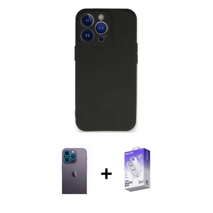 MARSİLYAN™- iPhone 13 Pro Max Kılıf Kozmos Yansıma Özel Seri - Siyah Bilvis 5in1 3D Magic Cam Ekran Koruyucu + Mavi Neon Fosforlu Kamera Lens