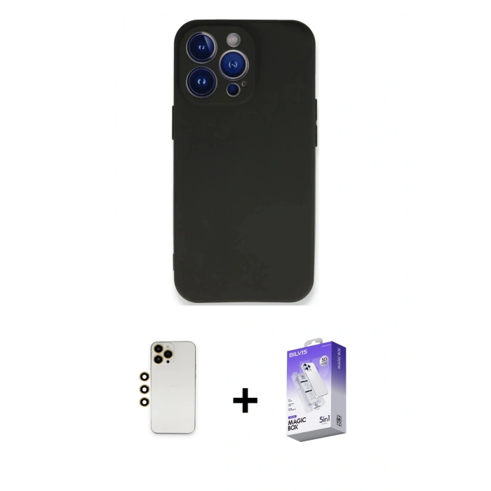 MARSİLYAN™- iPhone 13 Pro Max Kılıf Kozmos Yansıma Özel Seri - Siyah Bilvis 5in1 3D Magic Cam Ekran Koruyucu + Shine Kamera Lens - GD