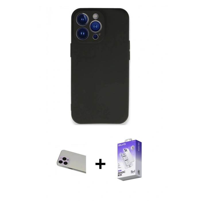 MARSİLYAN™- iPhone 13 Pro Max Kılıf Kozmos Yansıma Özel Seri - Siyah Bilvis 5in1 3D Magic Cam Ekran Koruyucu + Rainbow Kamera Lens Koruma Cam - MR