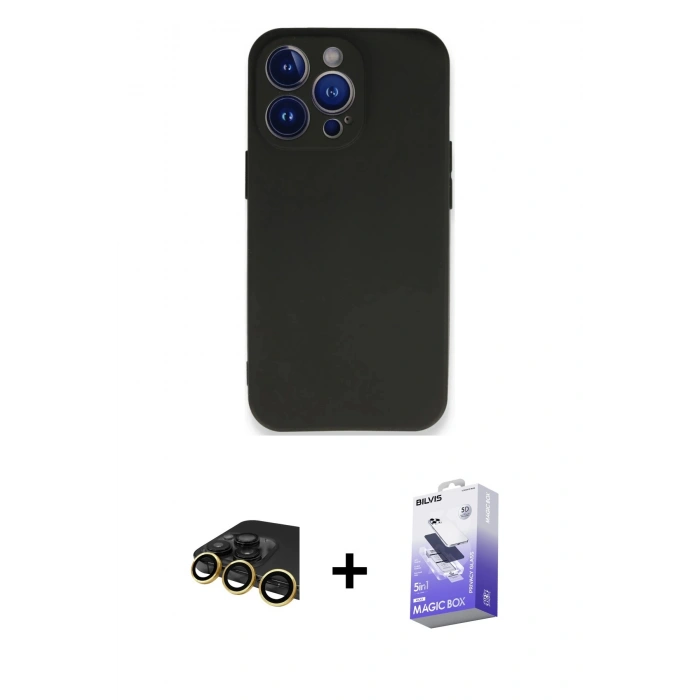 MARSİLYAN™- iPhone 13 Pro Max Kılıf Kozmos Yansıma Özel Seri - Siyah Bilvis 5in1 5D Magic Hayalet Cam Ekran Koruyucu + Gold Raze Metal Kamera Lens