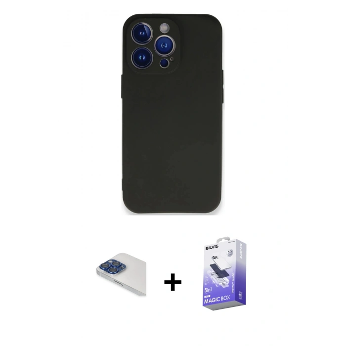 MARSİLYAN™- iPhone 13 Pro Max Kılıf Kozmos Yansıma Özel Seri - Siyah Bilvis 5in1 5D Magic Hayalet Cam Ekran Koruyucu + Lacivert Pers Alüminyum Kamera Lens