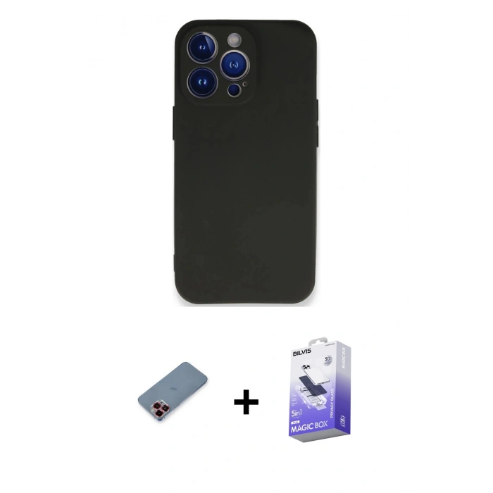 MARSİLYAN™- iPhone 13 Pro Max Kılıf Kozmos Yansıma Özel Seri - Siyah Bilvis 5in1 5D Magic Hayalet Cam Ekran Koruyucu + Metal Kamera Lens Koruma Cam - KI