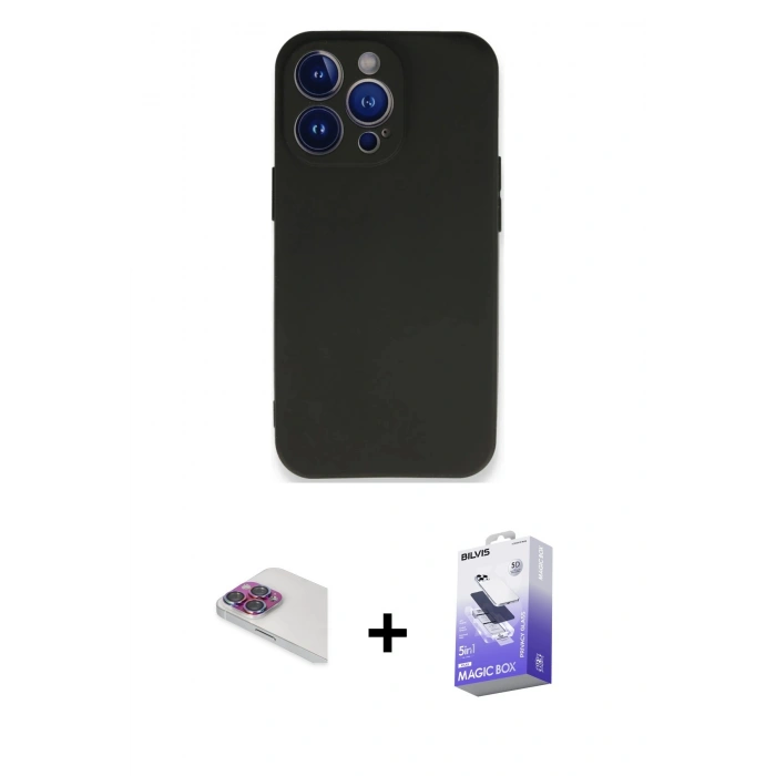 MARSİLYAN™- iPhone 13 Pro Max Kılıf Kozmos Yansıma Özel Seri - Siyah Bilvis 5in1 5D Magic Hayalet Cam Ekran Koruyucu + Pers Alüminyum Kamera Lens - GI