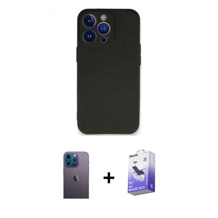 MARSİLYAN™- iPhone 13 Pro Max Kılıf Kozmos Yansıma Özel Seri - Siyah Bilvis 5in1 5D Magic Hayalet Cam Ekran Koruyucu + Neon Fosforlu Kamera Lens - MI