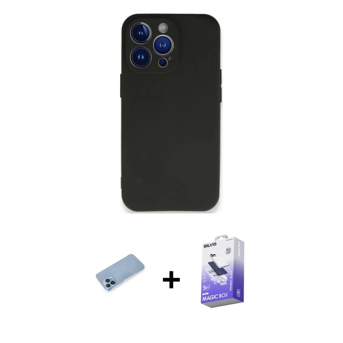 MARSİLYAN™- iPhone 13 Pro Max Kılıf Kozmos Yansıma Özel Seri - Siyah Bilvis 5in1 5D Magic Hayalet Cam Ekran Koruyucu + Shine Kamera Lens Koruma Cam - MI