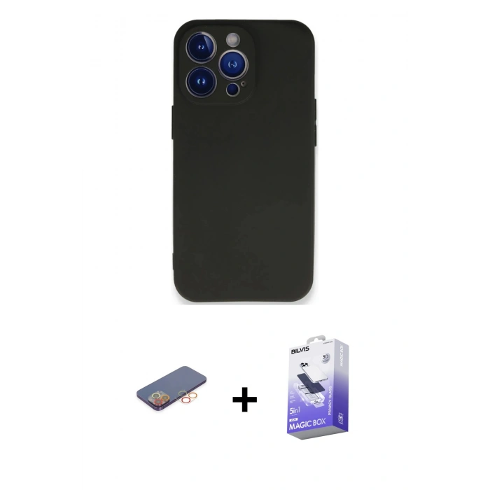 MARSİLYAN™- iPhone 13 Pro Max Kılıf Kozmos Yansıma Özel Seri - Siyah Bilvis 5in1 5D Magic Hayalet Cam Ekran Koruyucu + Renkli Kamera Lens Koruma Cam - TU