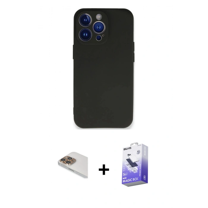 MARSİLYAN™- iPhone 13 Pro Max Kılıf Kozmos Yansıma Özel Seri - Siyah Bilvis 5in1 5D Magic Hayalet Cam Ekran Koruyucu + Pers Alüminyum Kamera Lens - GD