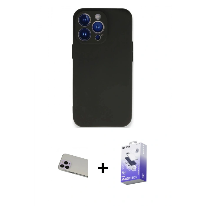 MARSİLYAN™- iPhone 13 Pro Max Kılıf Kozmos Yansıma Özel Seri - Siyah Bilvis 5in1 5D Magic Hayalet Cam Ekran Koruyucu + Rainbow Kamera Lens Koruma Cam - MR