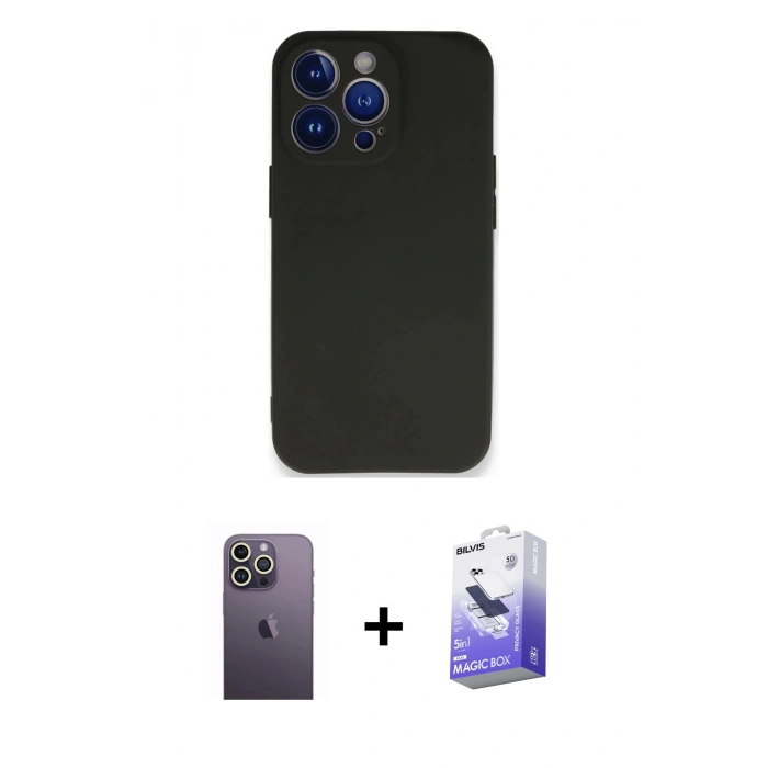 MARSİLYAN™- iPhone 13 Pro Max Kılıf Kozmos Yansıma Özel Seri - Siyah Bilvis 5in1 5D Magic Hayalet Cam Ekran Koruyucu + Neon Fosforlu Kamera Lens - BZ