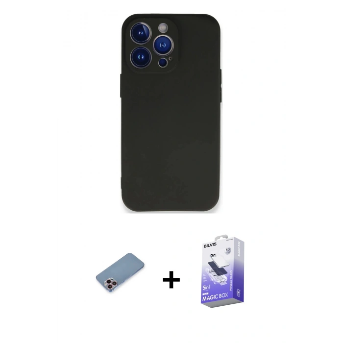 MARSİLYAN™- iPhone 13 Pro Max Kılıf Kozmos Yansıma Özel Seri - Siyah Bilvis 5in1 5D Magic Hayalet Cam Ekran Koruyucu + Shine Kamera Lens Koruma Cam - PE