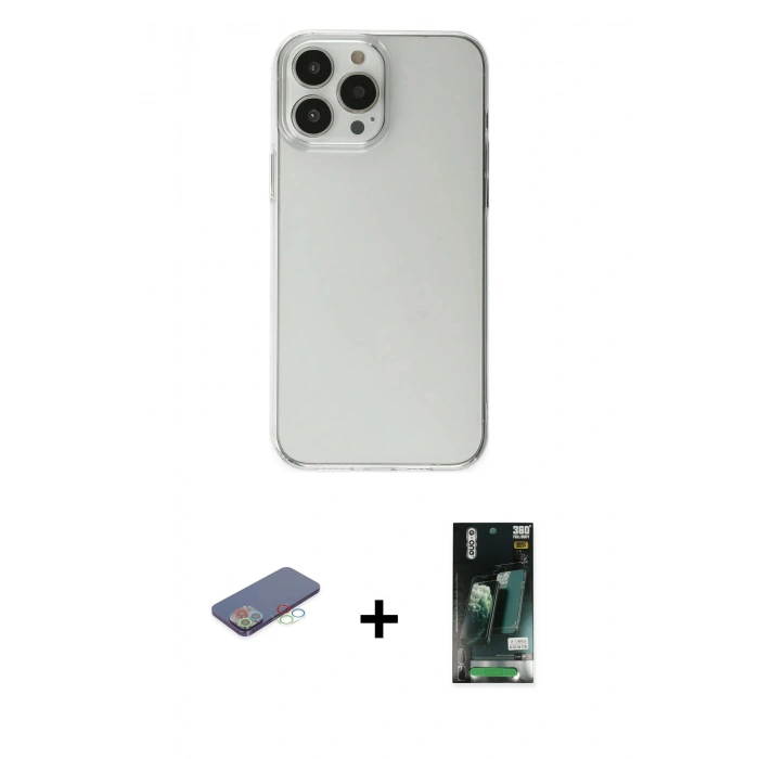MARSİLYAN™- iPhone 13 Pro Max Kılıf Kutup Doku Koleksiyonu - Şeffaf 360 Full Body Arka Koruyucu + Mavi Renkli Kamera Lens Koruma Cam