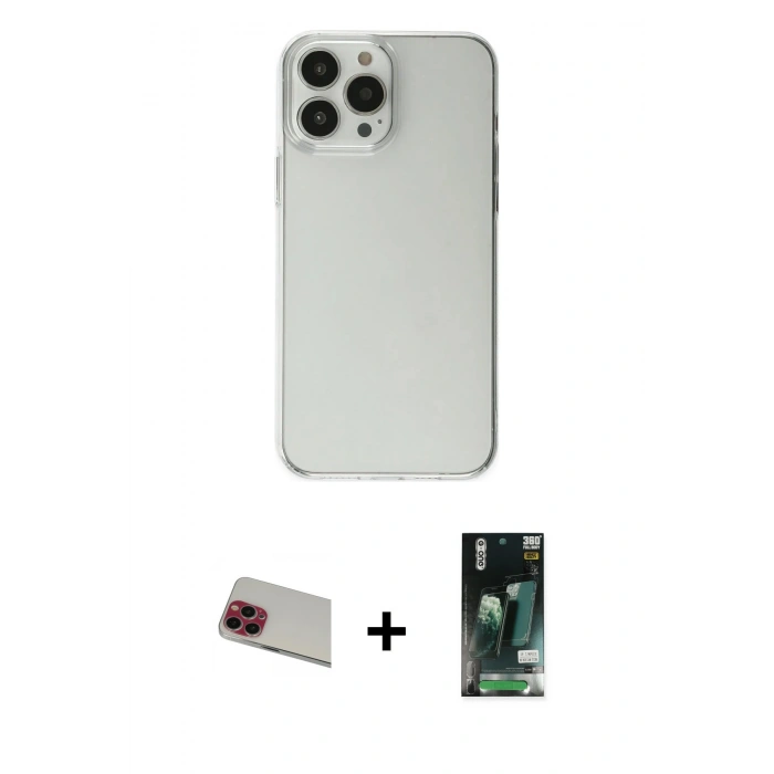 MARSİLYAN™- iPhone 13 Pro Max Kılıf Kutup Doku Koleksiyonu - Şeffaf 360 Full Body Arka Koruyucu + Rainbow Kamera Lens Koruma Cam - KI