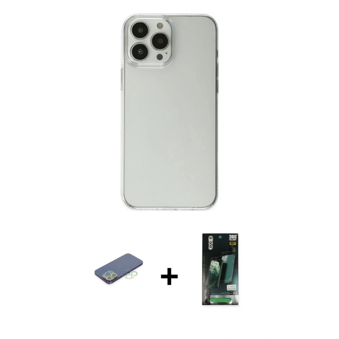 MARSİLYAN™- iPhone 13 Pro Max Kılıf Kutup Doku Koleksiyonu - Şeffaf 360 Full Body Arka Koruyucu + Renkli Kamera Lens Koruma Cam - YL