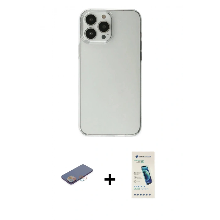 MARSİLYAN™- iPhone 13 Pro Max Kılıf Kutup Doku Koleksiyonu - Şeffaf Pasifik Cam Ekran Koruyucu + Renkli Kamera Lens Koruma Cam - PE