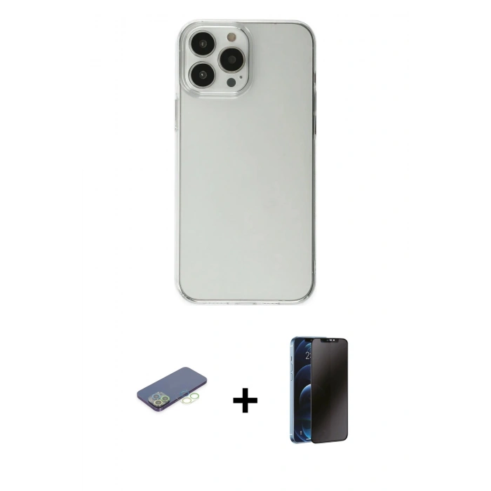 MARSİLYAN™- iPhone 13 Pro Max Kılıf Kutup Doku Koleksiyonu - Siyah 3D Antistatik Hayalet Cam Ekran Koruyucu + Renkli Kamera Lens Koruma Cam - YL