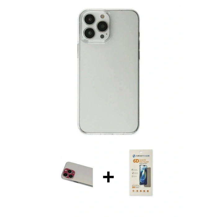MARSİLYAN™- iPhone 13 Pro Max Kılıf Kutup Doku Koleksiyonu - Siyah 6D Mat Seramik Hayalet Nano Ekran Koruyucu + Kırmızı Rainbow Kamera Lens Koruma Cam