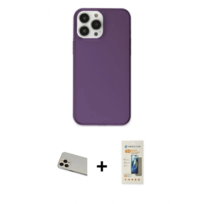 MARSİLYAN™- iPhone 13 Pro Max Kılıf Kutup Doku Koleksiyonu - Siyah 6D Mat Seramik Hayalet Nano Ekran Koruyucu + Rose Gold Rainbow Kamera Lens Koruma Cam