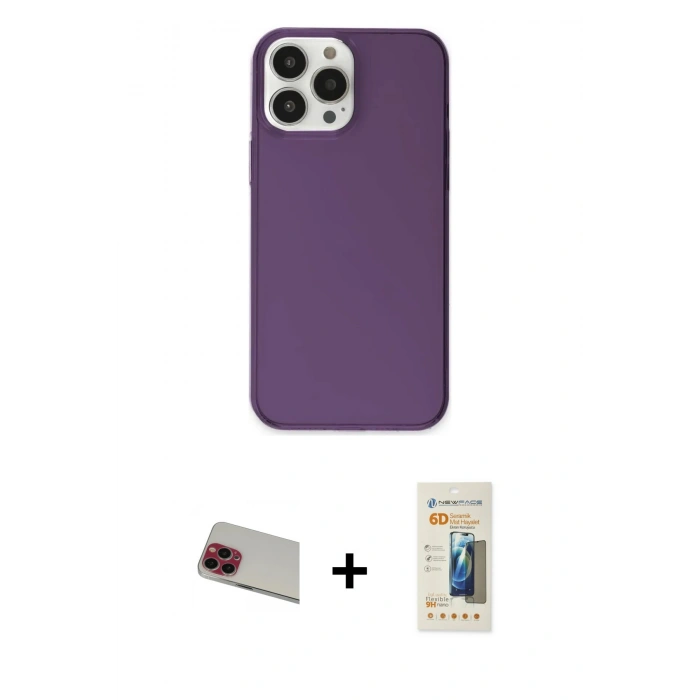 MARSİLYAN™- iPhone 13 Pro Max Kılıf Kutup Doku Koleksiyonu - Siyah 6D Mat Seramik Hayalet Nano Ekran Koruyucu + Kırmızı Rainbow Kamera Lens Koruma Cam