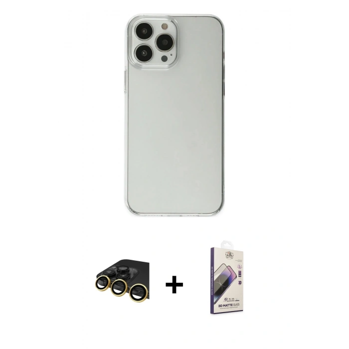 MARSİLYAN™- iPhone 13 Pro Max Kılıf Kutup Doku Koleksiyonu - Siyah Bilvis 3D Mat Cam Ekran Koruyucu + Gold Raze Metal Kamera Lens