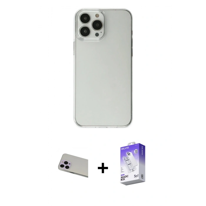 MARSİLYAN™- iPhone 13 Pro Max Kılıf Kutup Doku Koleksiyonu - Siyah Bilvis 5in1 3D Magic Cam Ekran Koruyucu + Rainbow Kamera Lens Koruma Cam - MR