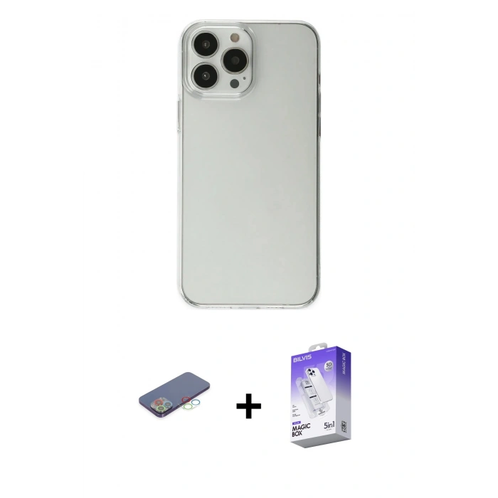 MARSİLYAN™- iPhone 13 Pro Max Kılıf Kutup Doku Koleksiyonu - Siyah Bilvis 5in1 3D Magic Cam Ekran Koruyucu + Renkli Kamera Lens Koruma Cam - MI