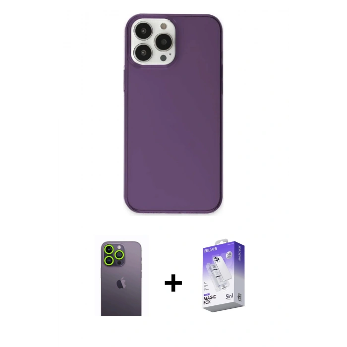 MARSİLYAN™- iPhone 13 Pro Max Kılıf Kutup Doku Koleksiyonu - Siyah Bilvis 5in1 3D Magic Cam Ekran Koruyucu + Neon Fosforlu Kamera Lens - YL