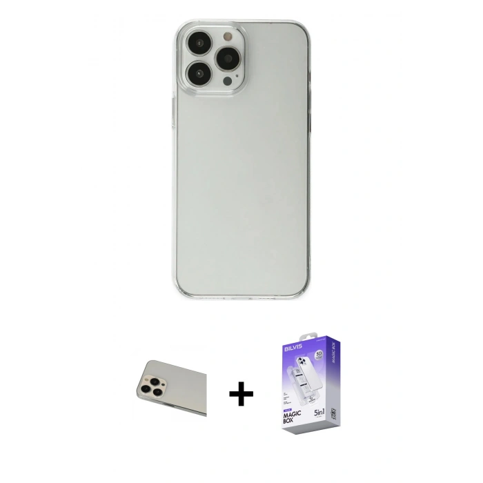 MARSİLYAN™- iPhone 13 Pro Max Kılıf Kutup Doku Koleksiyonu - Siyah Bilvis 5in1 3D Magic Cam Ekran Koruyucu + Rainbow Kamera Lens Koruma Cam - REGD