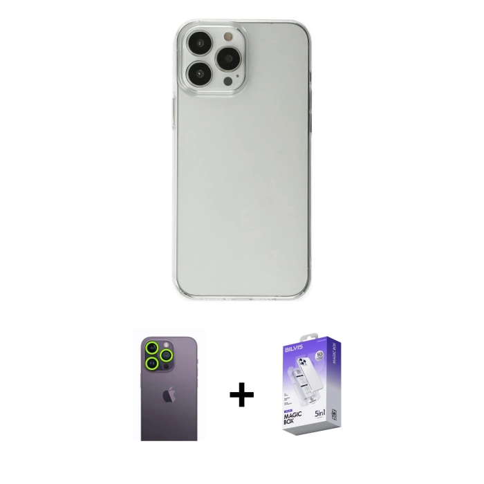 MARSİLYAN™- iPhone 13 Pro Max Kılıf Kutup Doku Koleksiyonu - Siyah Bilvis 5in1 3D Magic Cam Ekran Koruyucu + Neon Fosforlu Kamera Lens - YL