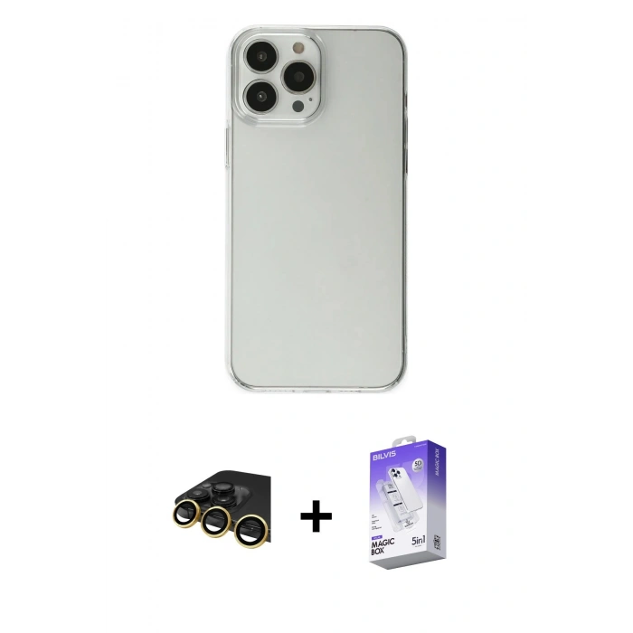 MARSİLYAN™- iPhone 13 Pro Max Kılıf Kutup Doku Koleksiyonu - Siyah Bilvis 5in1 3D Magic Cam Ekran Koruyucu + Raze Metal Kamera Lens - GD