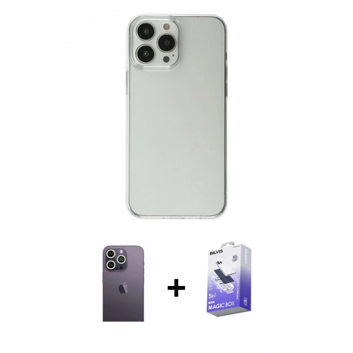 MARSİLYAN™- iPhone 13 Pro Max Kılıf Kutup Doku Koleksiyonu - Siyah Bilvis 5in1 5D Magic Hayalet Cam Ekran Koruyucu + Neon Fosforlu Kamera Lens - BZ