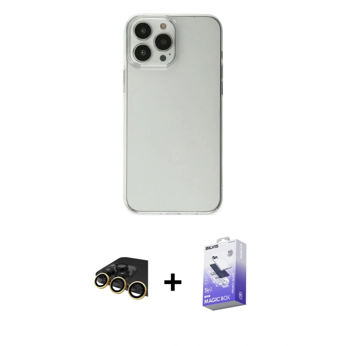 MARSİLYAN™- iPhone 13 Pro Max Kılıf Kutup Doku Koleksiyonu - Siyah Bilvis 5in1 5D Magic Hayalet Cam Ekran Koruyucu + Raze Metal Kamera Lens - GD