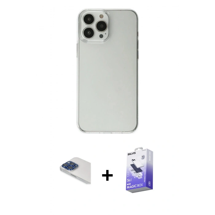MARSİLYAN™- iPhone 13 Pro Max Kılıf Kutup Doku Koleksiyonu - Siyah Bilvis 5in1 5D Magic Hayalet Cam Ekran Koruyucu + Pers Alüminyum Kamera Lens - LT