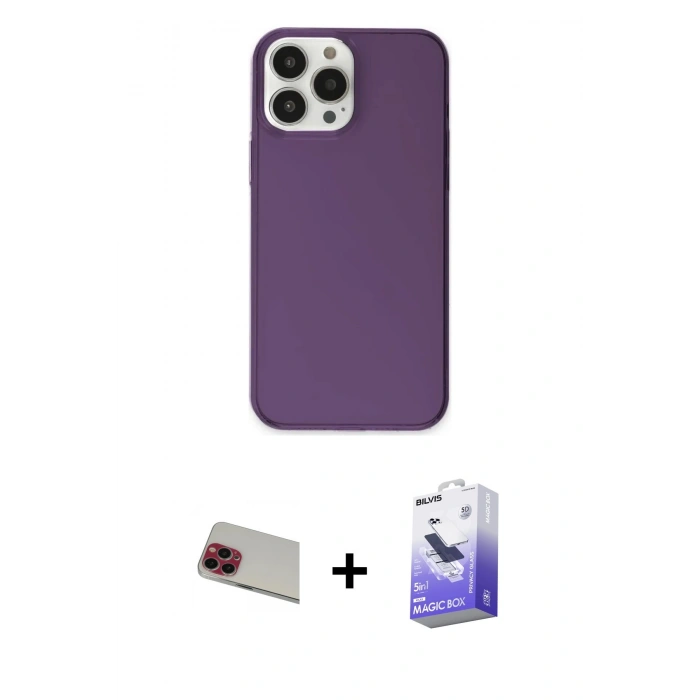 MARSİLYAN™- iPhone 13 Pro Max Kılıf Kutup Doku Koleksiyonu - Siyah Bilvis 5in1 5D Magic Hayalet Cam Ekran Koruyucu + Kırmızı Rainbow Kamera Lens Koruma Cam