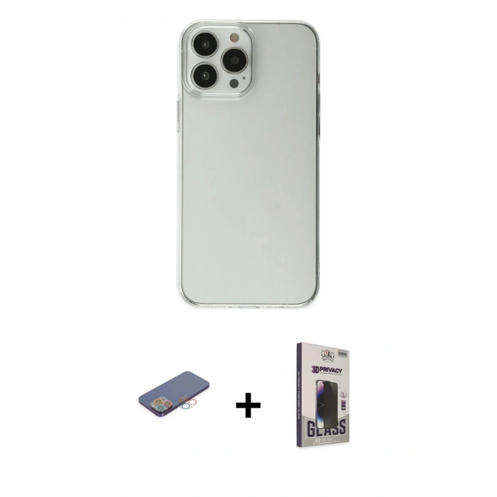 MARSİLYAN™- iPhone 13 Pro Max Kılıf Kutup Doku Koleksiyonu - Siyah Bilvis Hayalet Cam Ekran Koruyucu + Renkli Kamera Lens Koruma Cam - PE