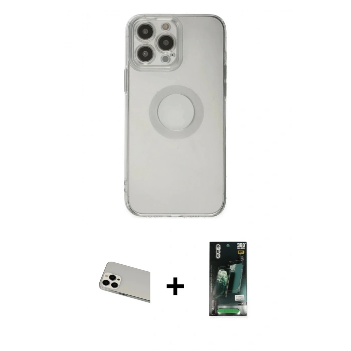 MARSİLYAN™- iPhone 13 Pro Max Kılıf Kutup Klasik - Şeffaf 360 Full Body Arka Koruyucu + Beyaz Rainbow Kamera Lens Koruma Cam
