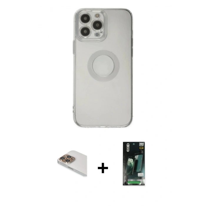 MARSİLYAN™- iPhone 13 Pro Max Kılıf Kutup Klasik - Şeffaf 360 Full Body Arka Koruyucu + Gold Pers Alüminyum Kamera Lens