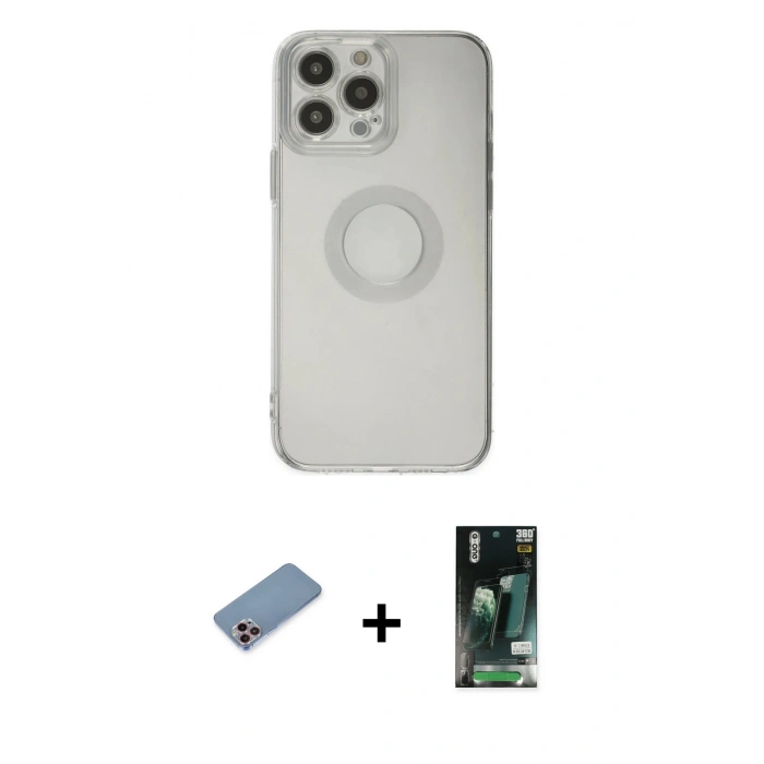 MARSİLYAN™- iPhone 13 Pro Max Kılıf Kutup Klasik - Şeffaf 360 Full Body Arka Koruyucu + Pembe Shine Kamera Lens Koruma Cam