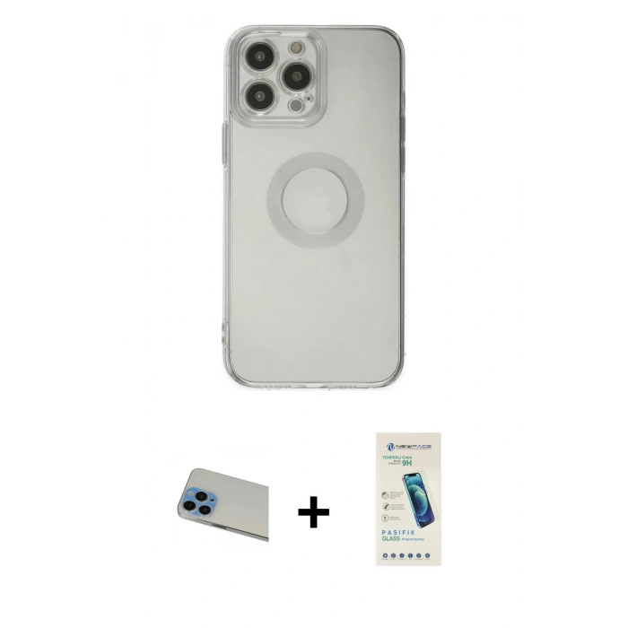 MARSİLYAN™- iPhone 13 Pro Max Kılıf Kutup Klasik - Şeffaf Pasifik Cam Ekran Koruyucu + Mavi Rainbow Kamera Lens Koruma Cam
