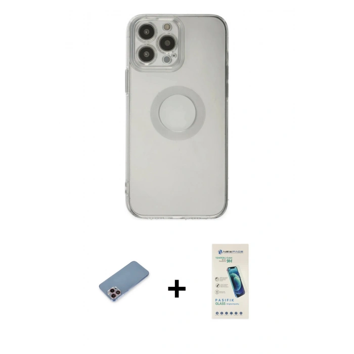 MARSİLYAN™- iPhone 13 Pro Max Kılıf Kutup Klasik - Şeffaf Pasifik Cam Ekran Koruyucu + Pembe Shine Kamera Lens Koruma Cam