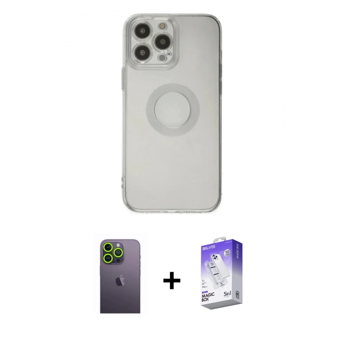 MARSİLYAN™- iPhone 13 Pro Max Kılıf Kutup Klasik - Siyah Bilvis 5in1 3D Magic Cam Ekran Koruyucu + Neon Fosforlu Kamera Lens - YL