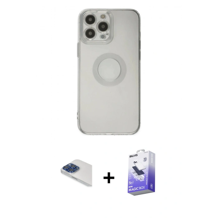 MARSİLYAN™- iPhone 13 Pro Max Kılıf Kutup Klasik - Siyah Bilvis 5in1 5D Magic Hayalet Cam Ekran Koruyucu + Lacivert Pers Alüminyum Kamera Lens