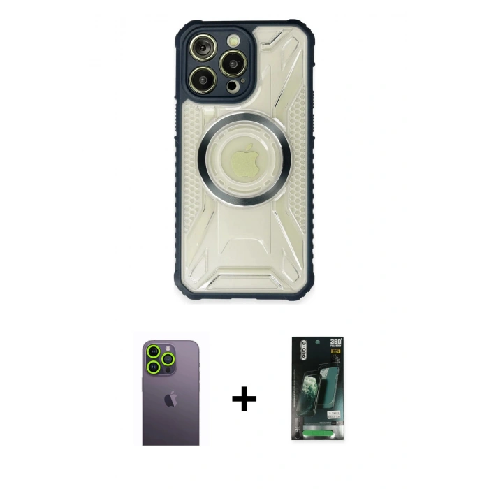 MARSİLYAN™- iPhone 13 Pro Max Kılıf Kutup Modern - Şeffaf 360 Full Body Arka Koruyucu + Neon Fosforlu Kamera Lens - YL