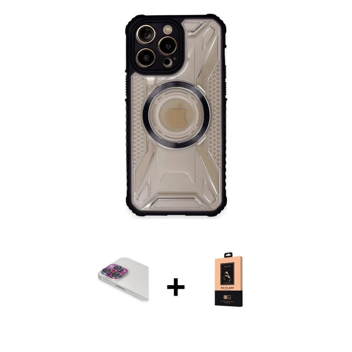 MARSİLYAN™- iPhone 13 Pro Max Kılıf Kutup Modern - Şeffaf Maxco Cam Ekran Koruyucu + Gökkuşağı Pers Alüminyum Kamera Lens