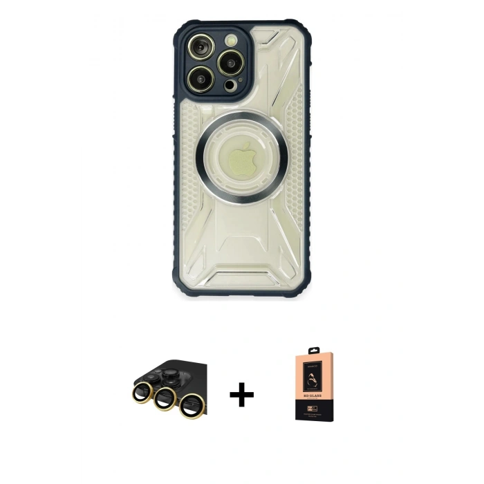 MARSİLYAN™- iPhone 13 Pro Max Kılıf Kutup Modern - Şeffaf Maxco Cam Ekran Koruyucu + Raze Metal Kamera Lens - GD