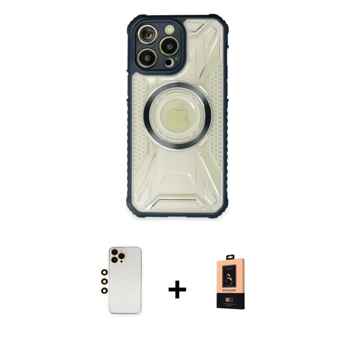 MARSİLYAN™- iPhone 13 Pro Max Kılıf Kutup Modern - Şeffaf Maxco Cam Ekran Koruyucu + Gold Shine Kamera Lens