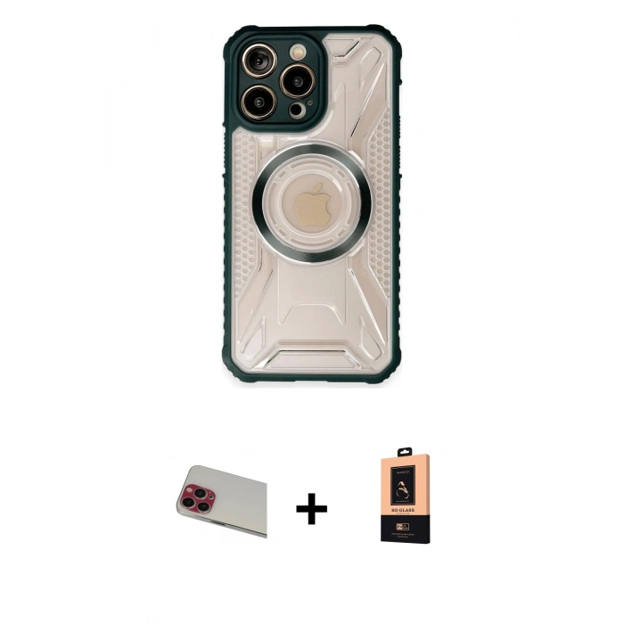 MARSİLYAN™- iPhone 13 Pro Max Kılıf Kutup Modern - Şeffaf Maxco Cam Ekran Koruyucu + Kırmızı Rainbow Kamera Lens Koruma Cam