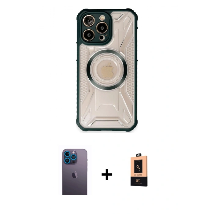 MARSİLYAN™- iPhone 13 Pro Max Kılıf Kutup Modern - Şeffaf Maxco Cam Ekran Koruyucu + Neon Fosforlu Kamera Lens - MI