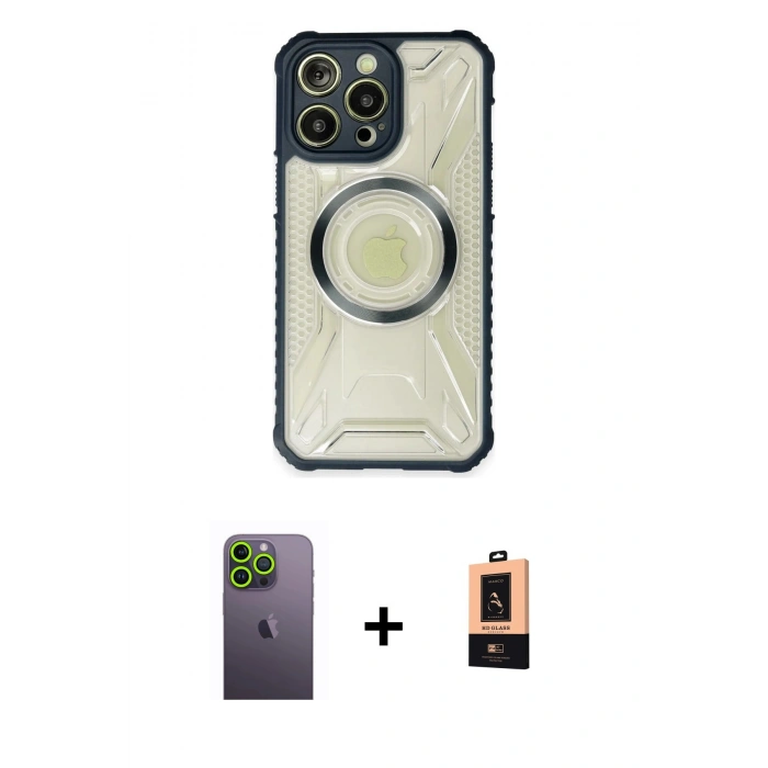 MARSİLYAN™- iPhone 13 Pro Max Kılıf Kutup Modern - Şeffaf Maxco Cam Ekran Koruyucu + Yeşil Neon Fosforlu Kamera Lens