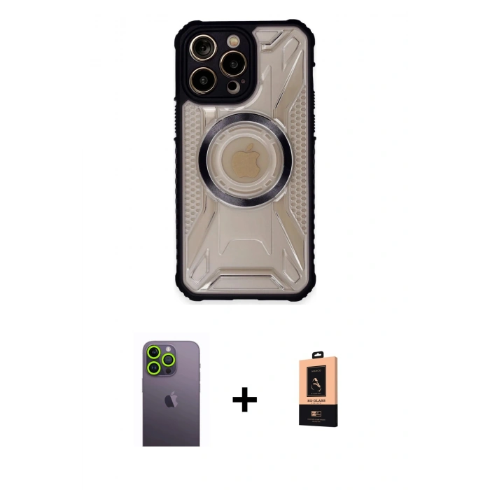 MARSİLYAN™- iPhone 13 Pro Max Kılıf Kutup Modern - Şeffaf Maxco Cam Ekran Koruyucu + Yeşil Neon Fosforlu Kamera Lens